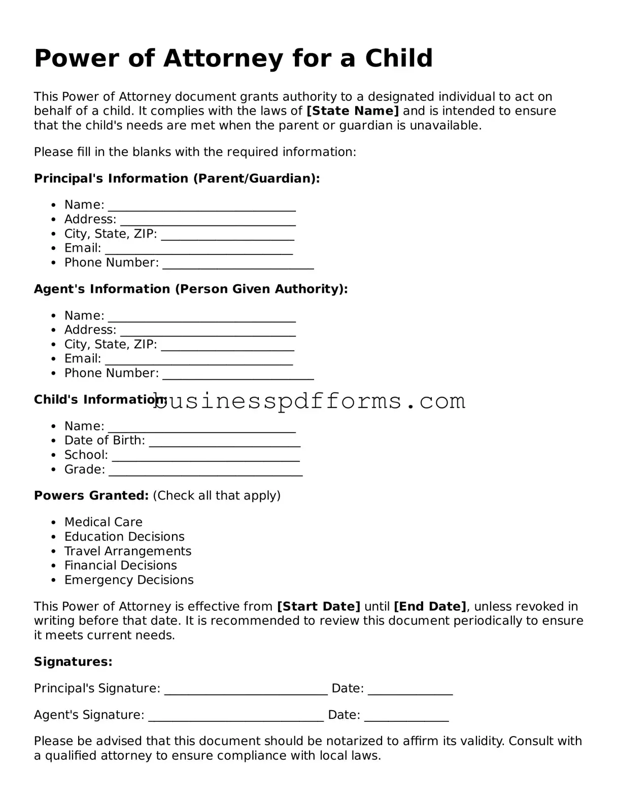 Attorney-Verified Power of Attorney for a Child Template