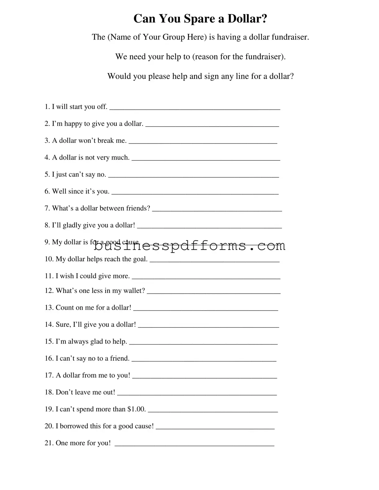 Fill in Your Donated A Dollar Template