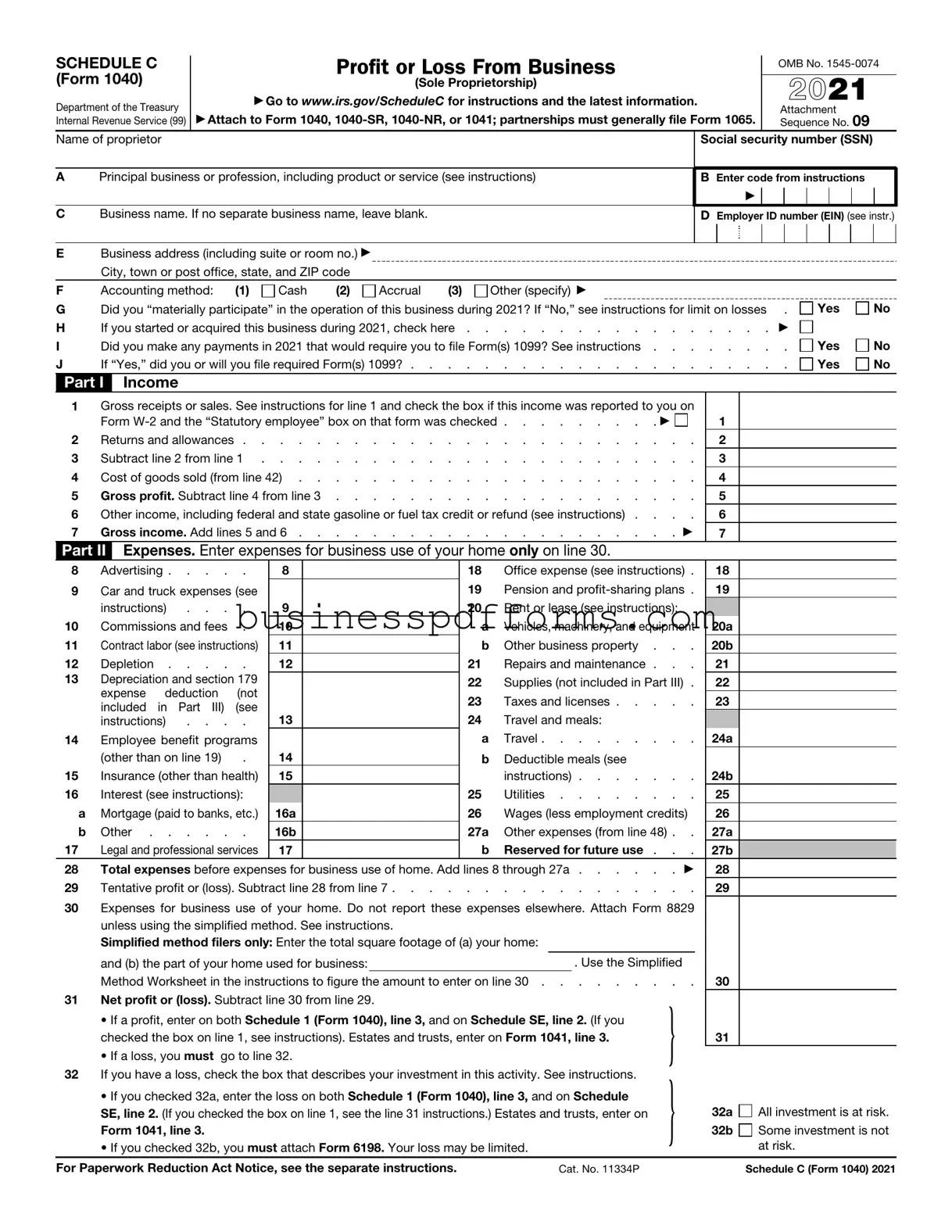 Fill in Your IRS Schedule C 1040 Template