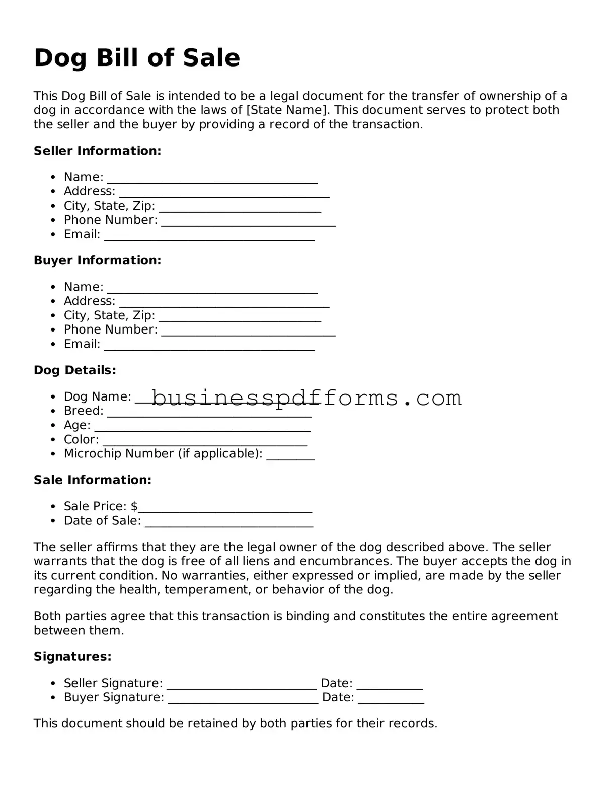 Attorney-Verified Dog Bill of Sale Template