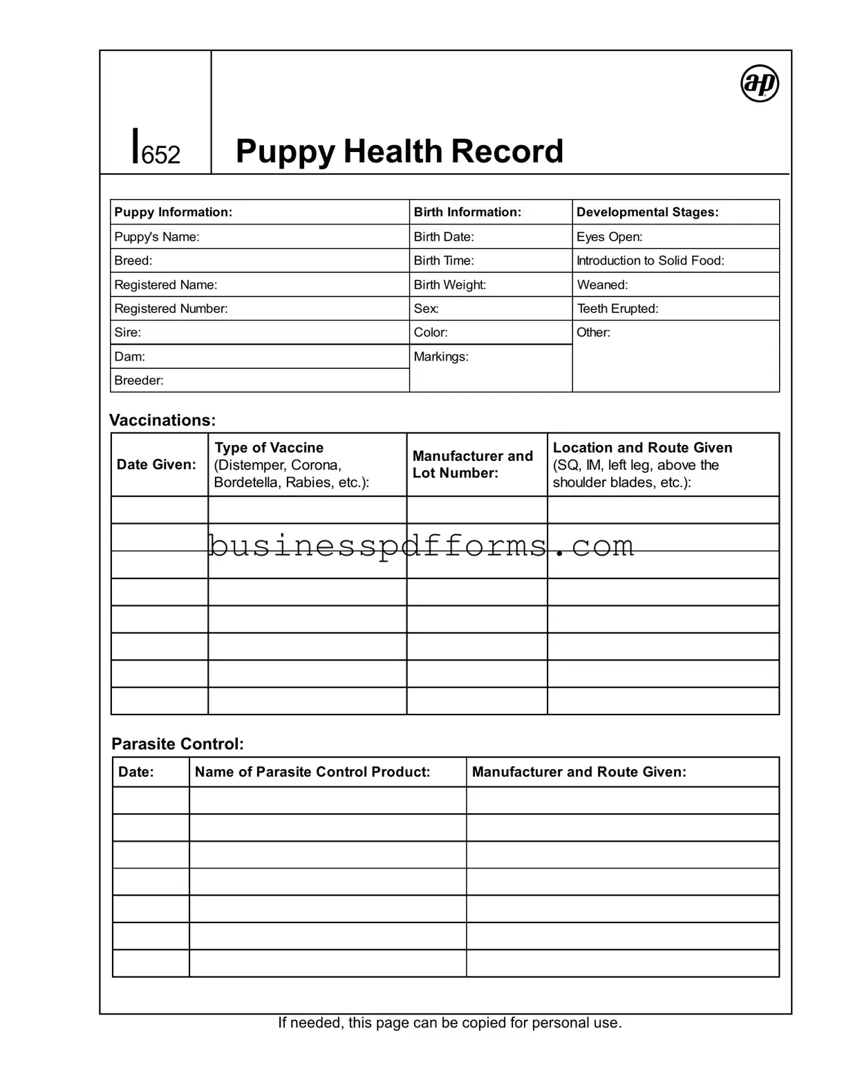 Fill in Your Puppy Health Record Template