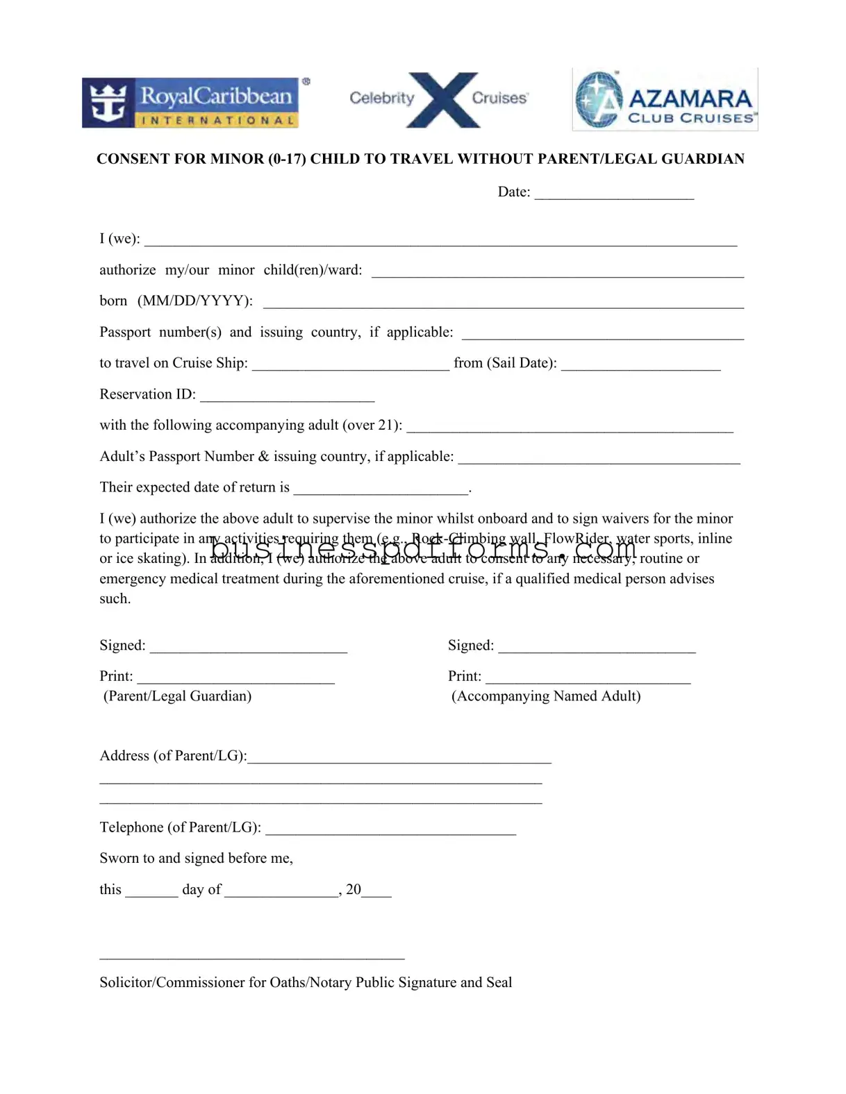 Fill in Your Royal Caribbean Parental Consent Template