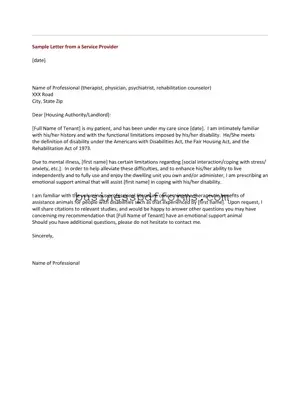Fill in Your Emotional Support Animal Letter Template