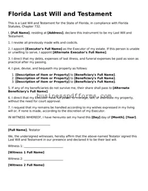 Free Florida Last Will and Testament Template