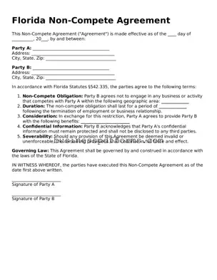 Free Florida Non-compete Agreement Template