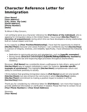 Attorney-Verified Character Reference Letter for Immigration Template