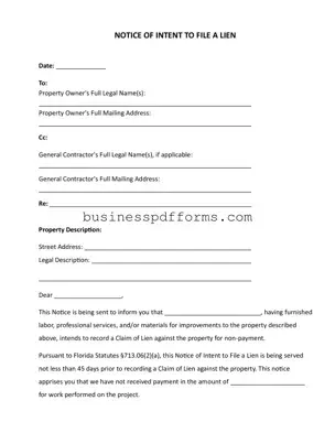 Fill in Your Intent To Lien Florida Template