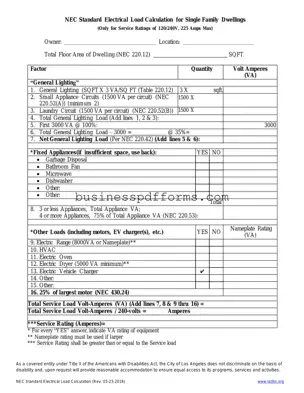 Fill in Your LADBS NEC Standard Electrical Load Calculation Template