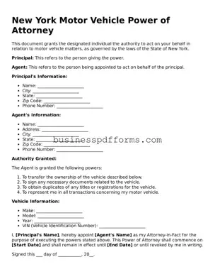 Free New York Motor Vehicle Power of Attorney Template