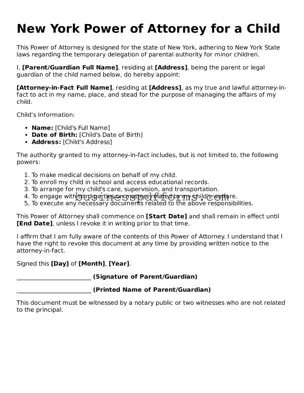 Free New York Power of Attorney for a Child Template