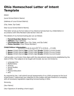 Free Ohio Homeschool Letter of Intent Template