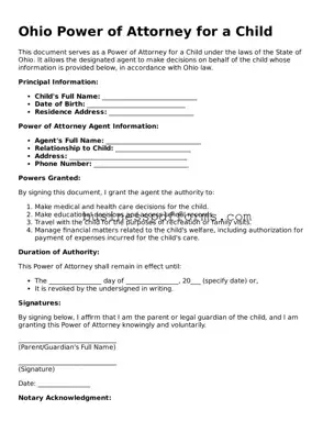 Free Ohio Power of Attorney for a Child Template