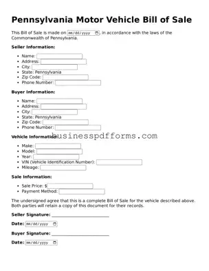 Free Pennsylvania Motor Vehicle Bill of Sale Template
