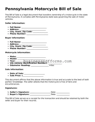 Free Pennsylvania Motorcycle Bill of Sale Template