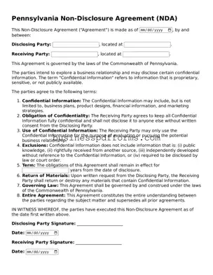 Free Pennsylvania Non-disclosure Agreement Template