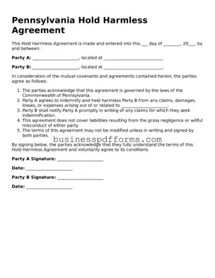 Free Pennsylvania Hold Harmless Agreement Template