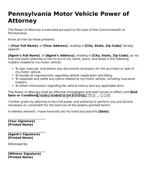 Free Pennsylvania Motor Vehicle Power of Attorney Template