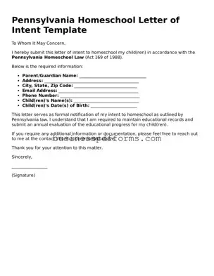 Free Pennsylvania Homeschool Letter of Intent Template
