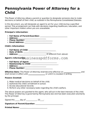 Free Pennsylvania Power of Attorney for a Child Template
