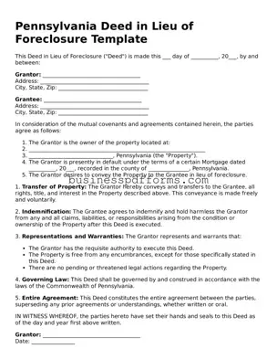 Free Pennsylvania Deed in Lieu of Foreclosure Template