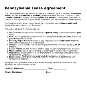 Free Pennsylvania Lease Agreement Template