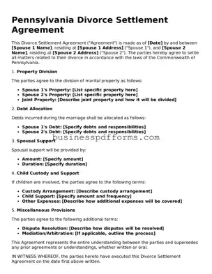 Free Pennsylvania Divorce Settlement Agreement Template