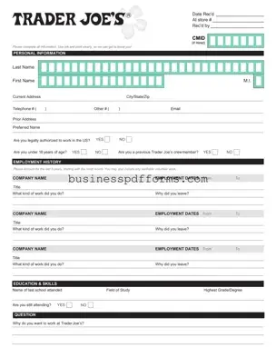 Fill in Your Trader Joe's application Template
