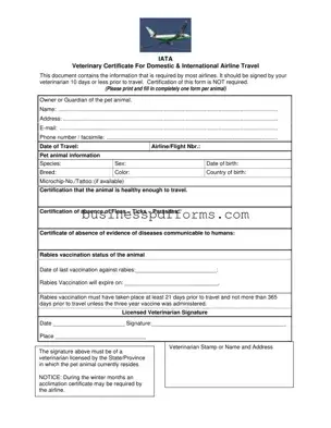 Fill in Your Veterinary Certificate Travel Template