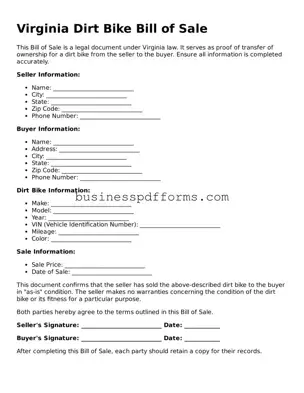 Free Virginia Dirt Bike Bill of Sale Template