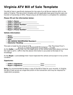 Free Virginia ATV Bill of Sale Template