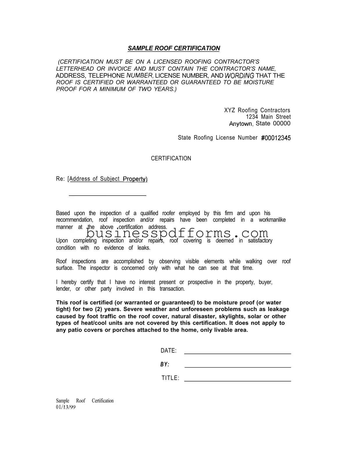 Fill in Your Sample Roof Certification Template