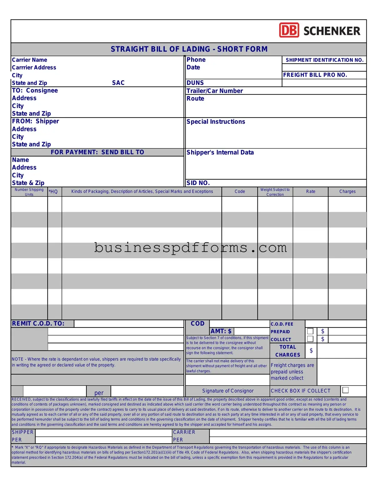 Fill in Your Straight Bill Of Lading Template