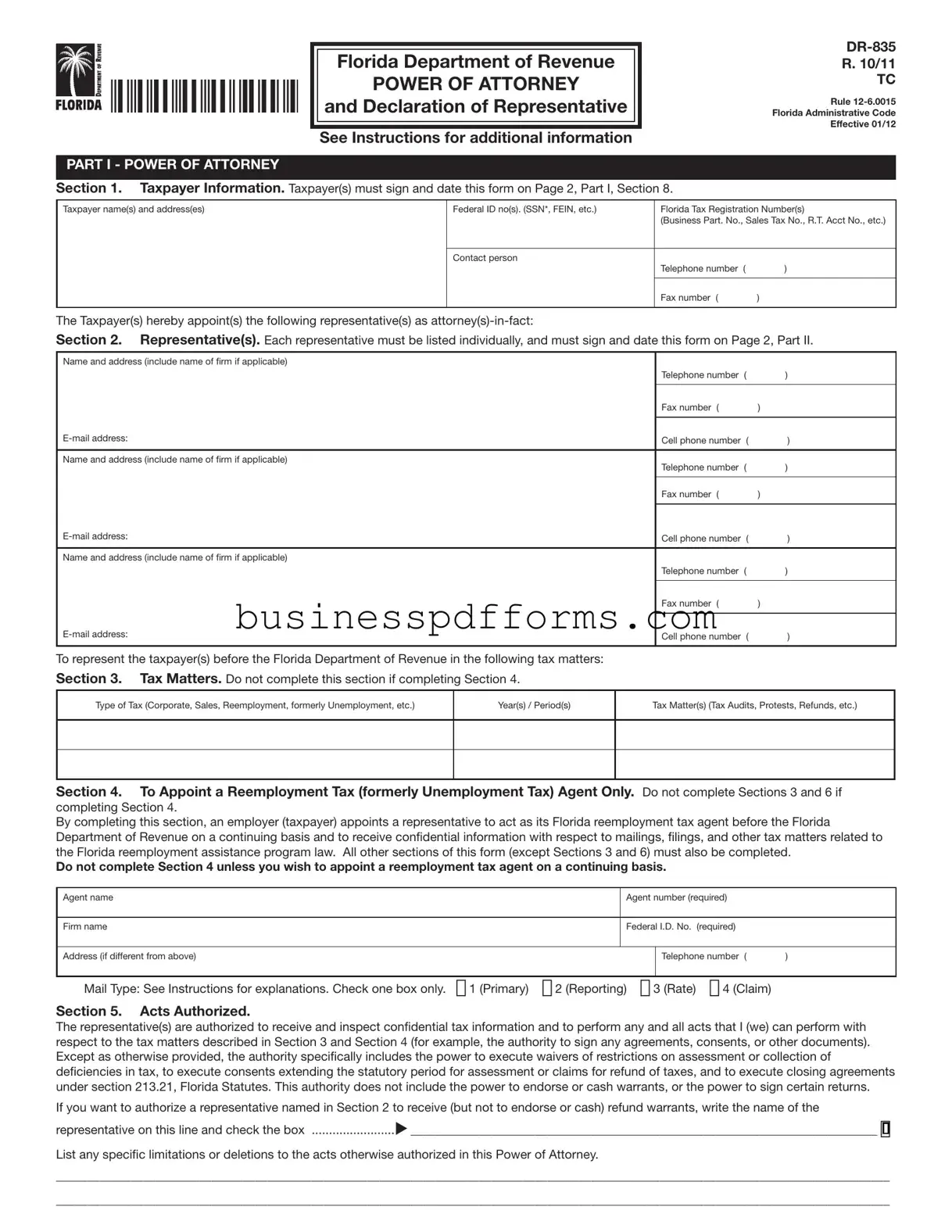 Fill in Your Tax POA dr 835 Template