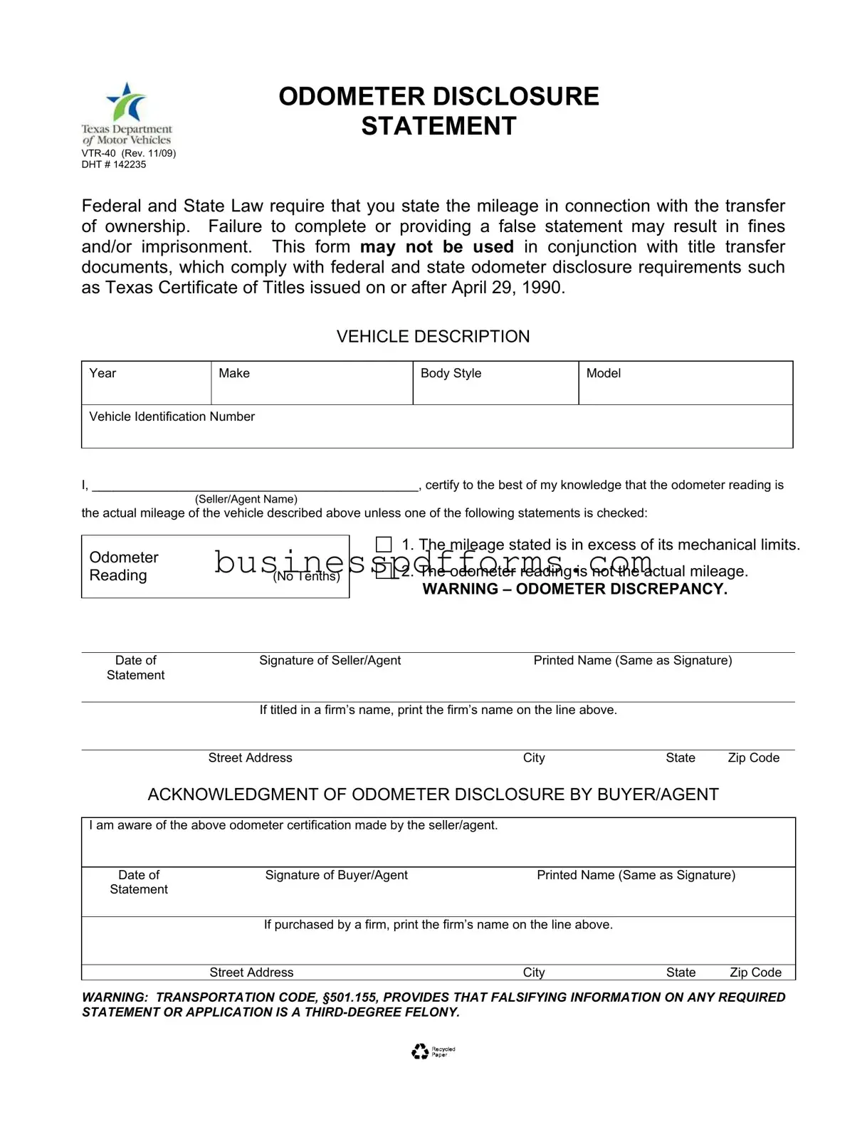 Fill in Your Texas Odometer Statement Template