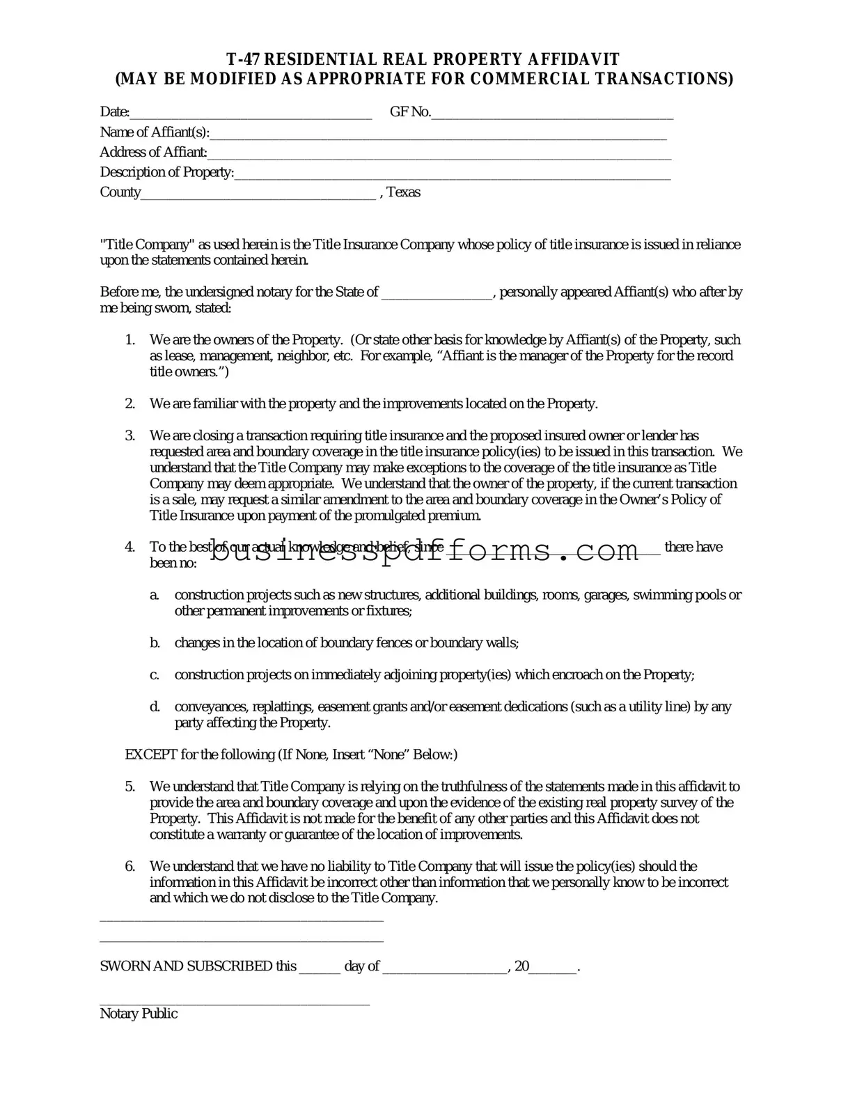 Fill in Your Texas residential property affidavit T-47 Template