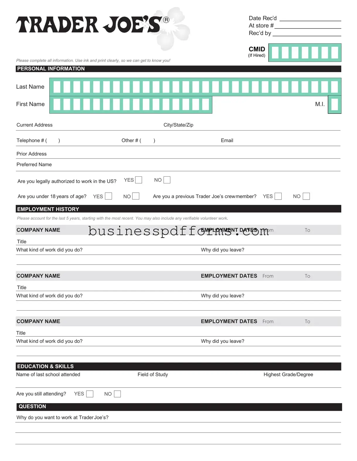 Fill in Your Trader Joe's application Template