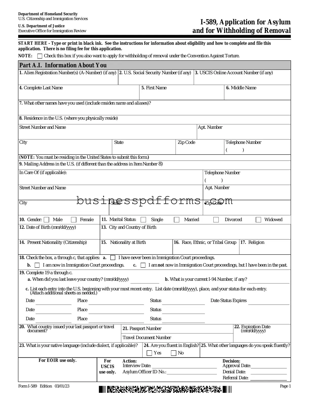 Fill in Your USCIS I-589 Template