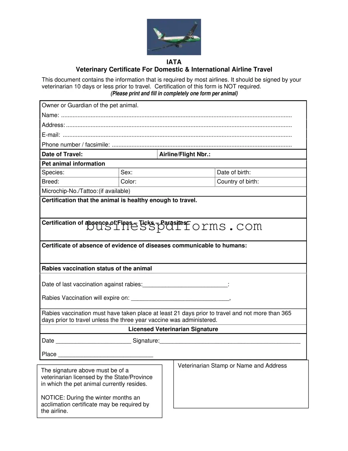Fill in Your Veterinary Certificate Travel Template