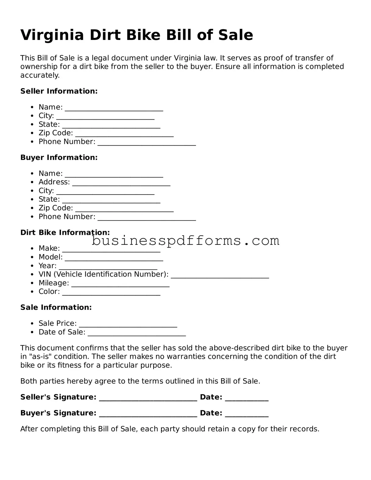 Free Virginia Dirt Bike Bill of Sale Template