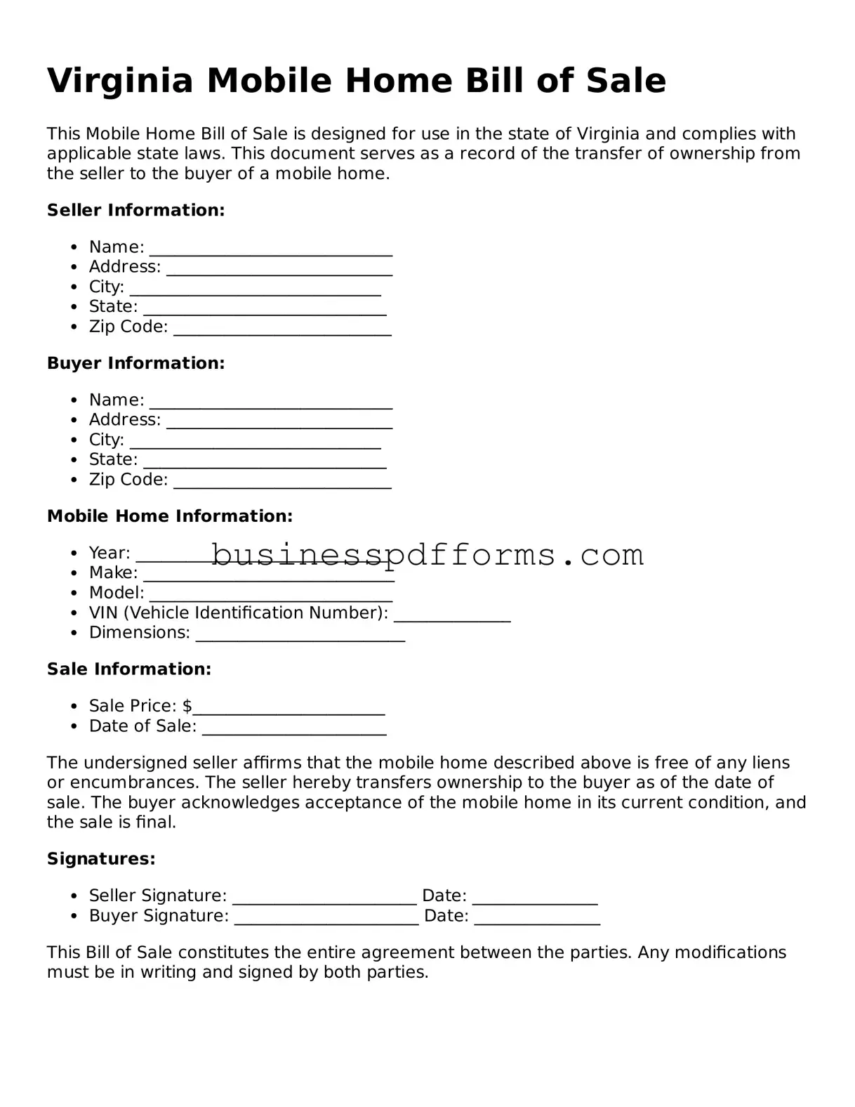 Free Virginia Mobile Home Bill of Sale Template