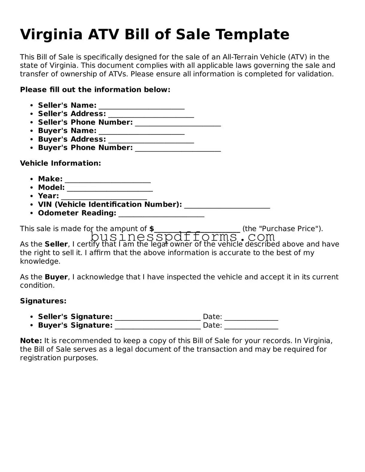 Free Virginia ATV Bill of Sale Template
