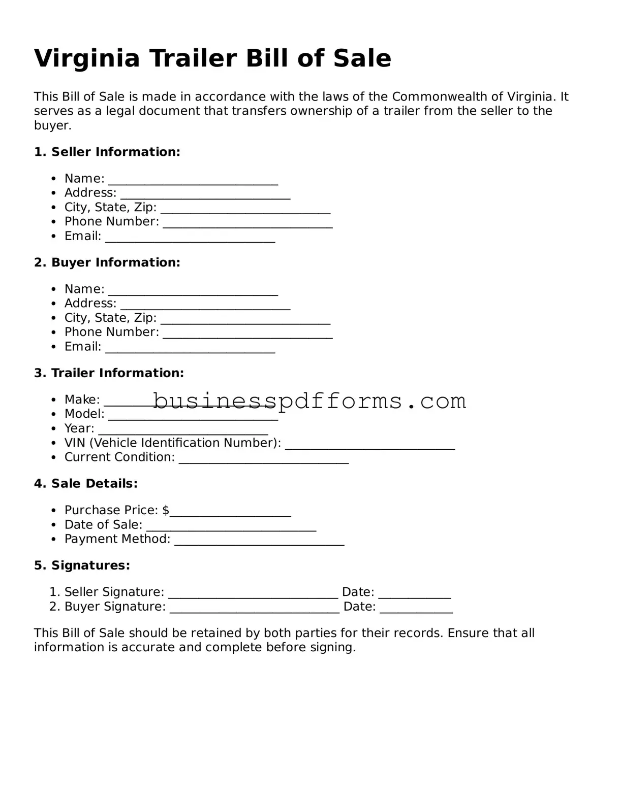 Free Virginia Trailer Bill of Sale Template