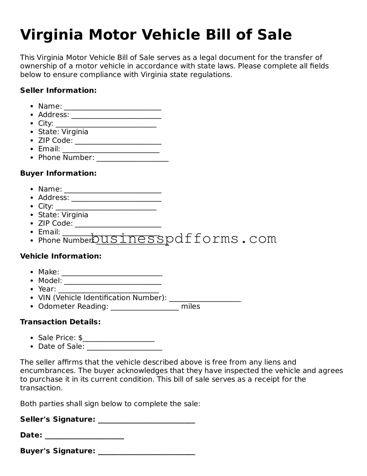 Free Virginia Motor Vehicle Bill of Sale Template