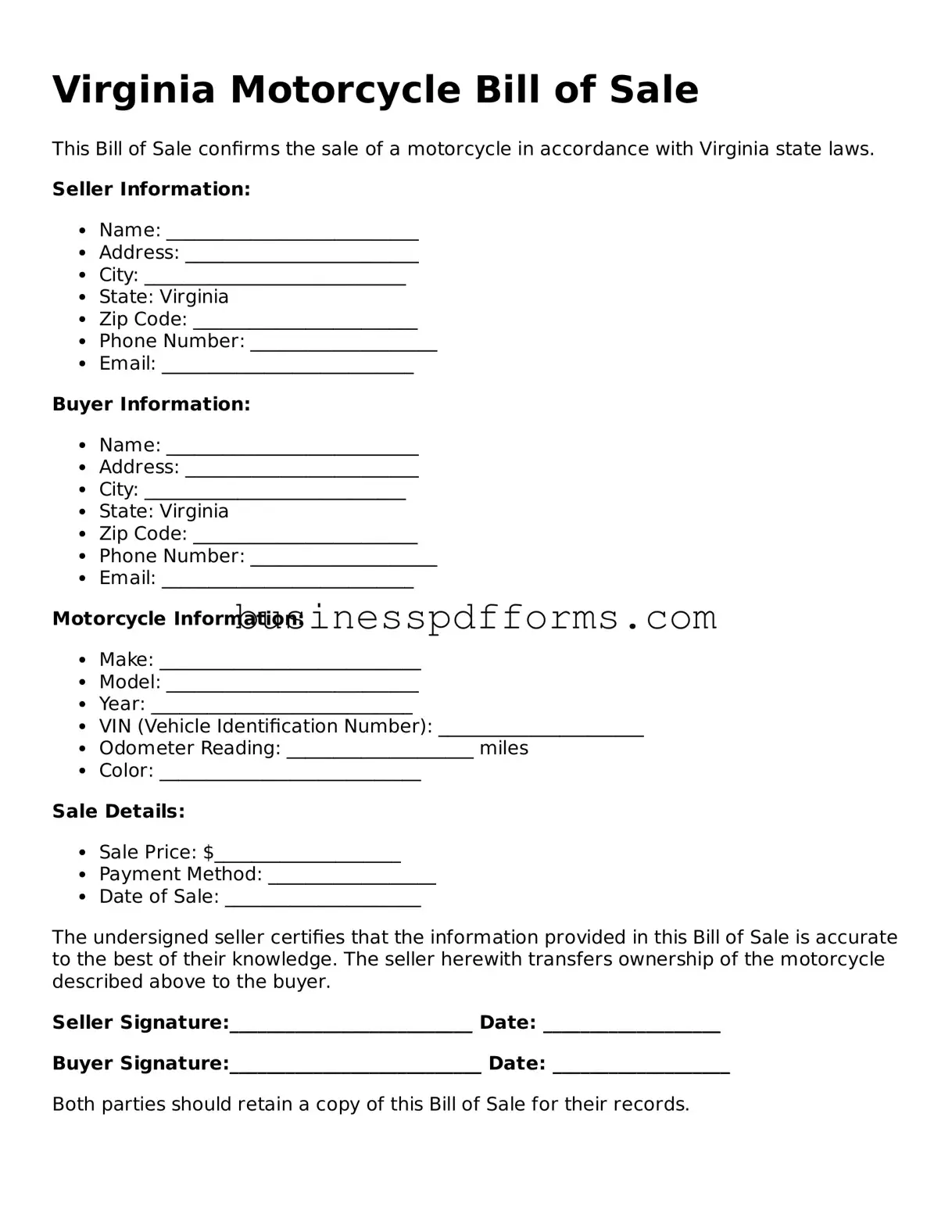 Free Virginia Motorcycle Bill of Sale Template