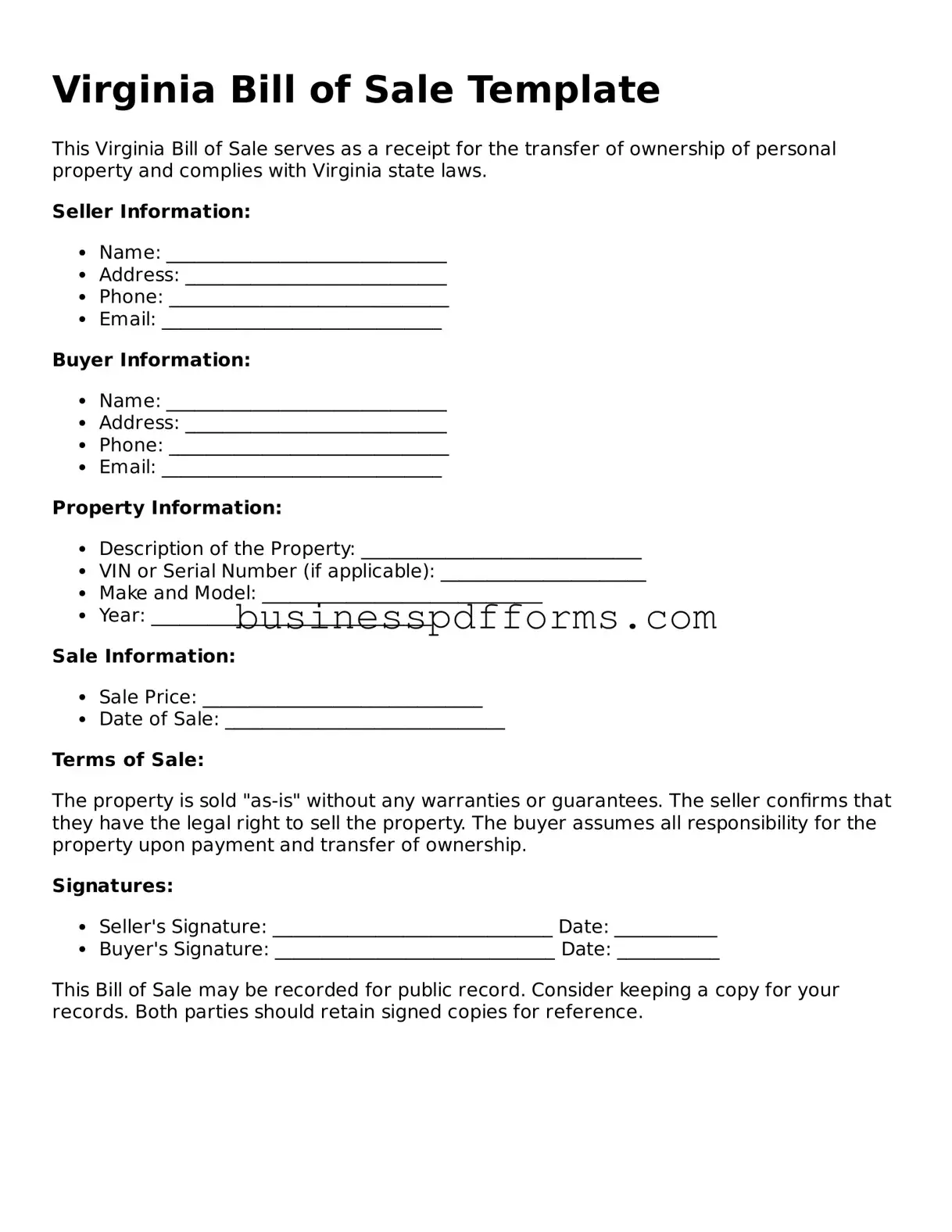 Free Virginia Bill of Sale Template