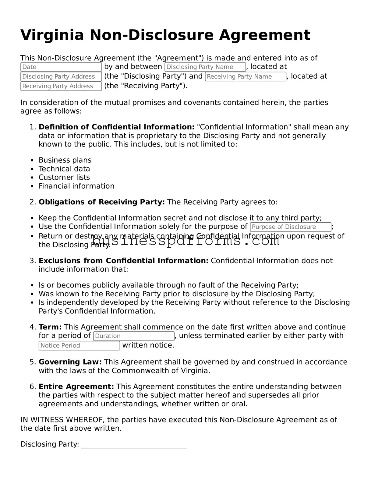 Free Virginia Non-disclosure Agreement Template