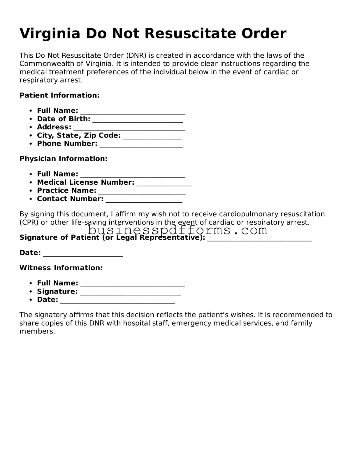 Free Virginia Do Not Resuscitate Order Template