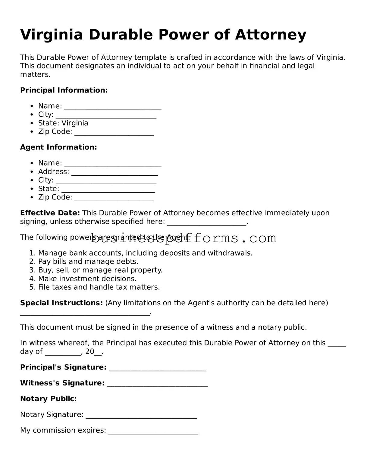 Free Virginia Durable Power of Attorney Template