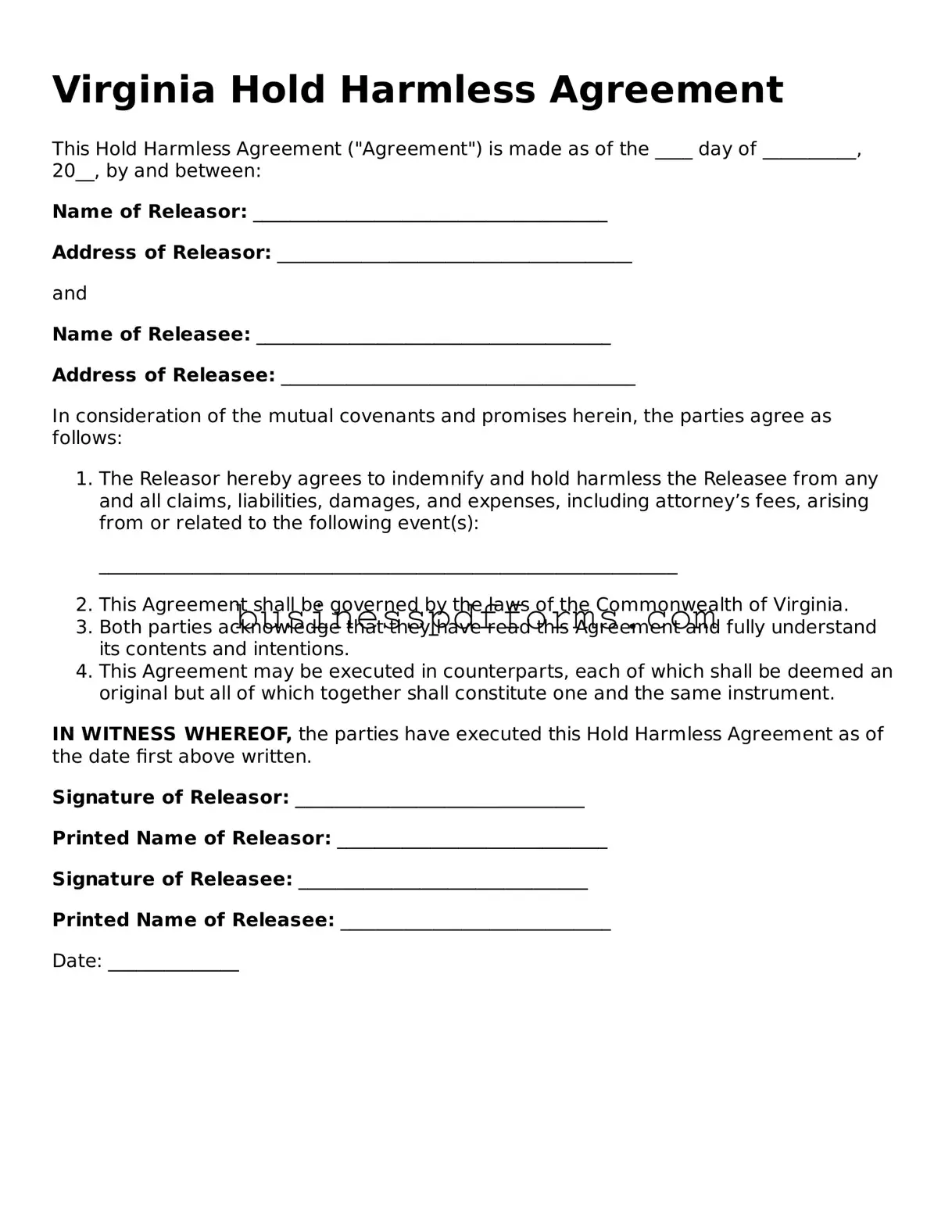 Free Virginia Hold Harmless Agreement Template