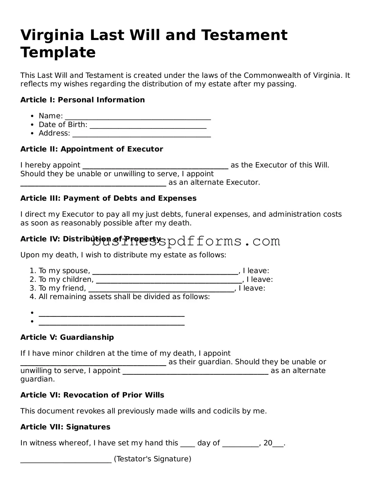 Free Virginia Last Will and Testament Template